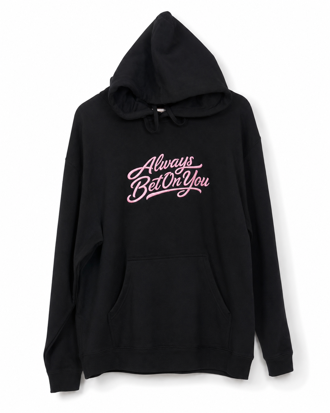 Always Bet On You black and pink hoodie on white background