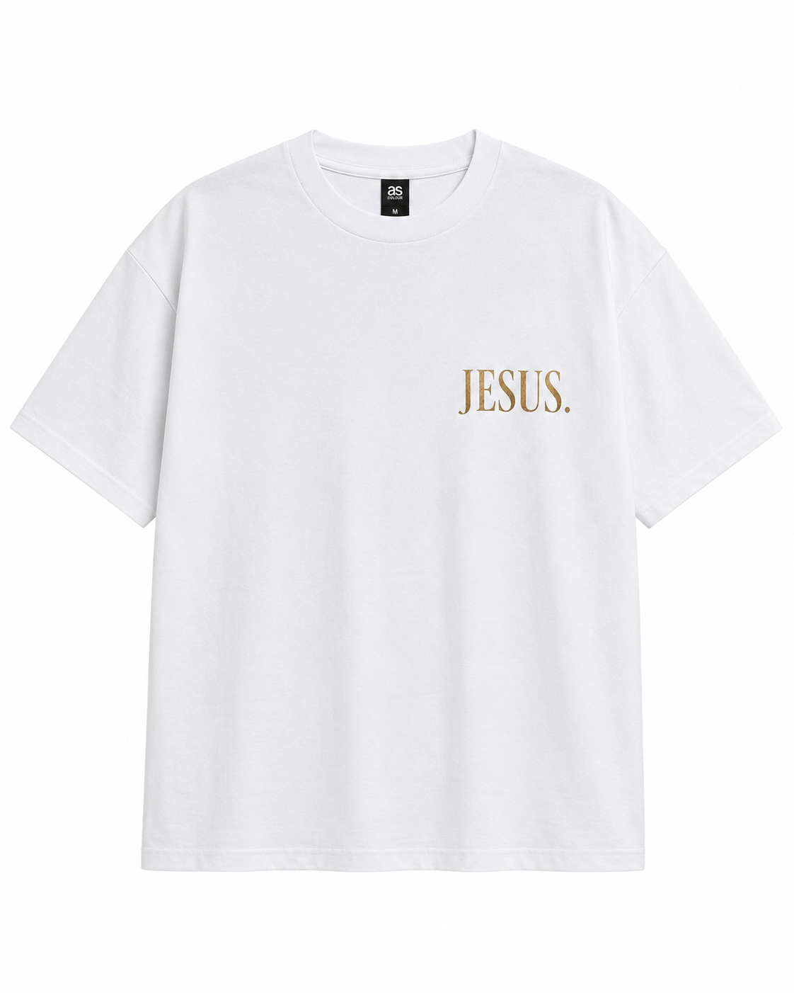 Front view of white AS Colour Heavy T Shirt with antique gold JESUS left chest print on white background