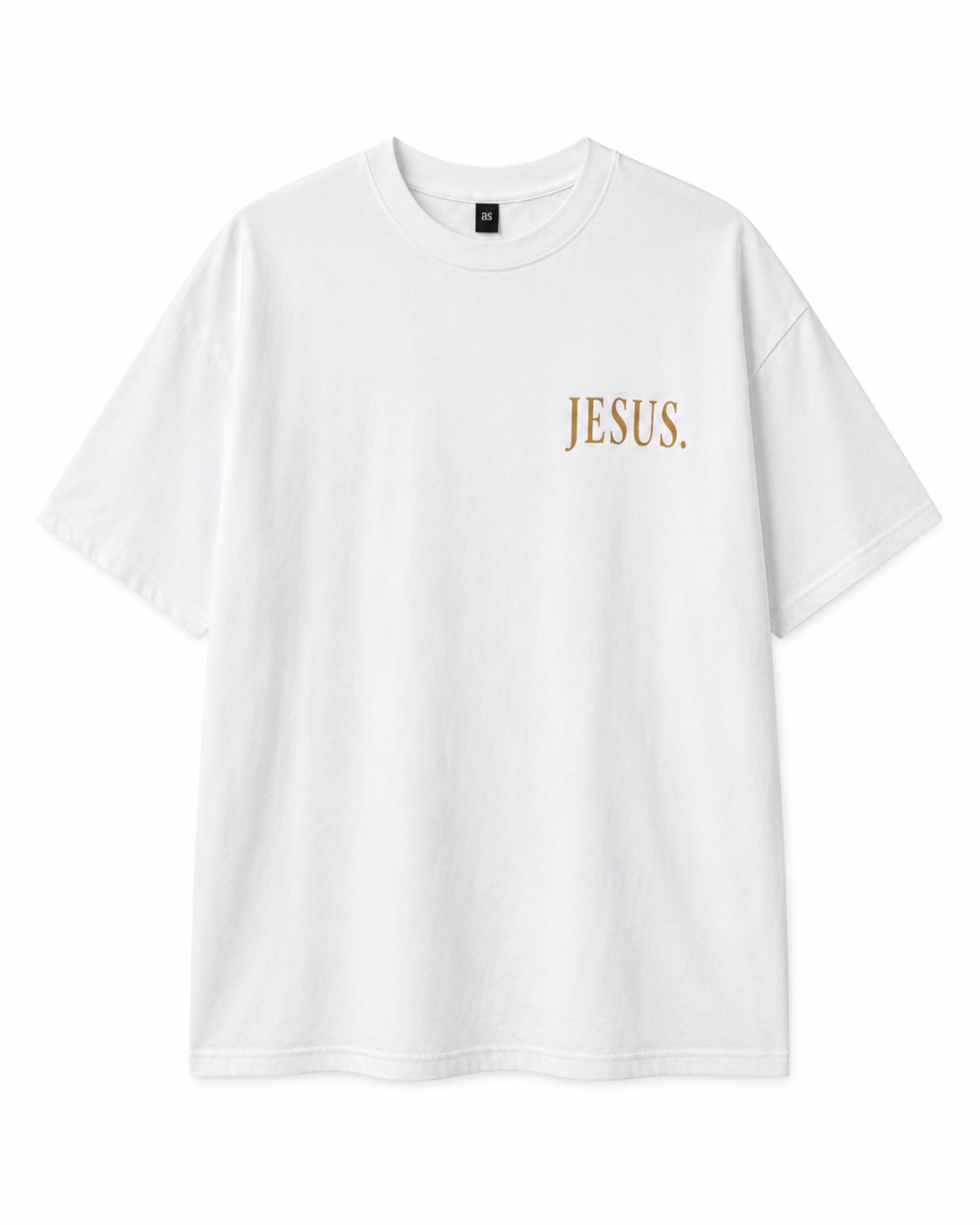 Front view of white AS Colour Heavy T Shirt with gold JESUS left chest print on white background