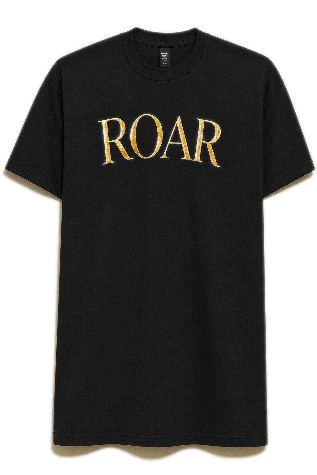ROAR black T-shirt front with antique gold lettering on white background