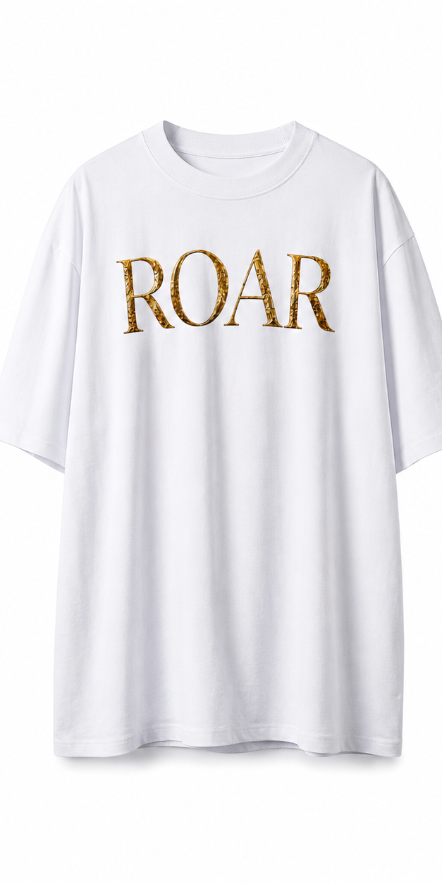 ROAR white T-shirt front with antique gold lettering