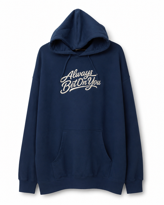 Always Bet On You navy and cream hoodie on white background