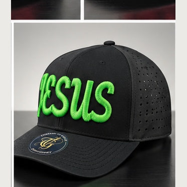 Angled black perforated snapback with green Jesus Script 3D puff embroidery on a clean studio background