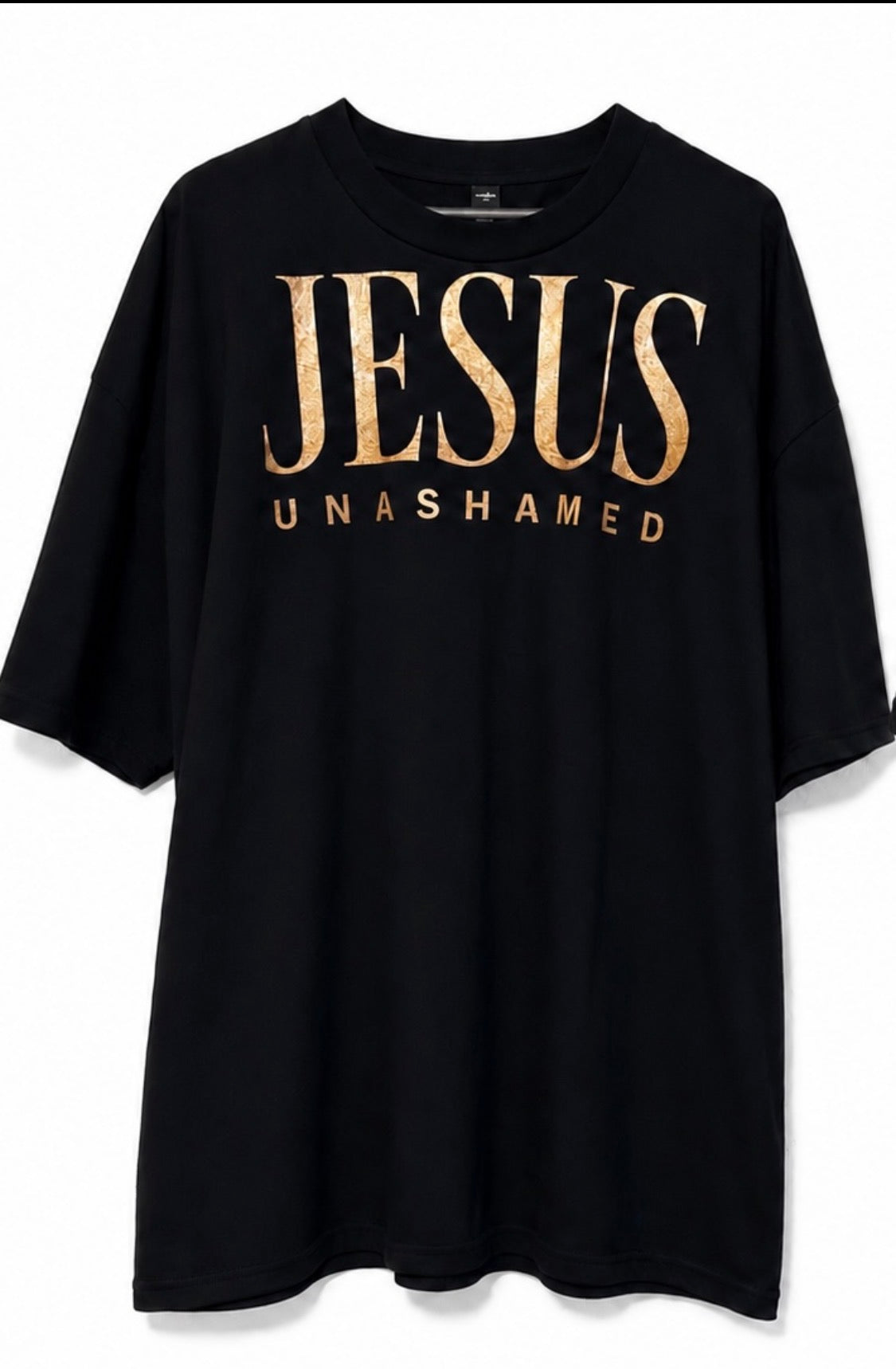 Front view of black AS Colour T-shirt with antique gold JESUS UNASHAMED full front design