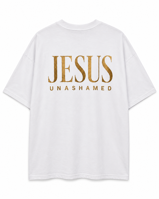 Back view of white AS Colour Heavy T Shirt with antique gold JESUS UNASHAMED full back design on white background