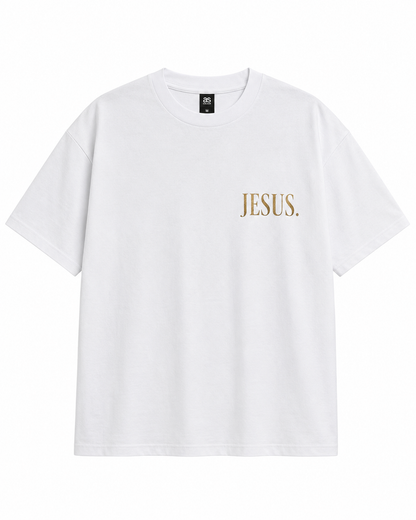 Front view of white AS Colour Heavy T Shirt with antique gold JESUS left chest print on white background
