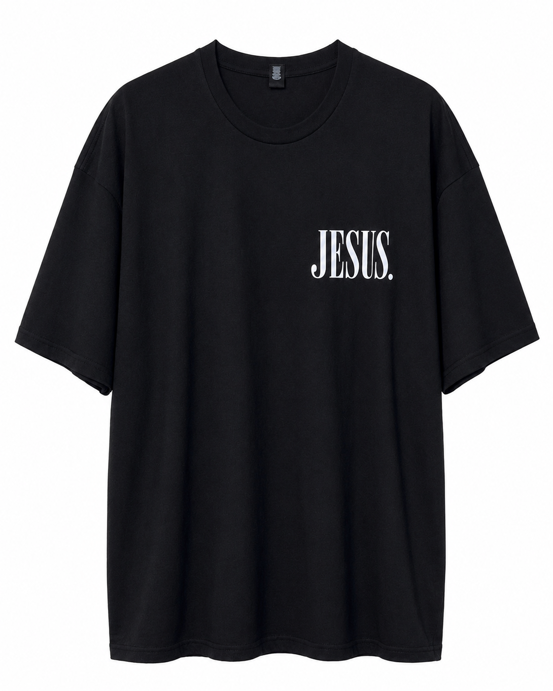 Front view of black AS Colour Heavy T Shirt with bright white JESUS left chest print on white background