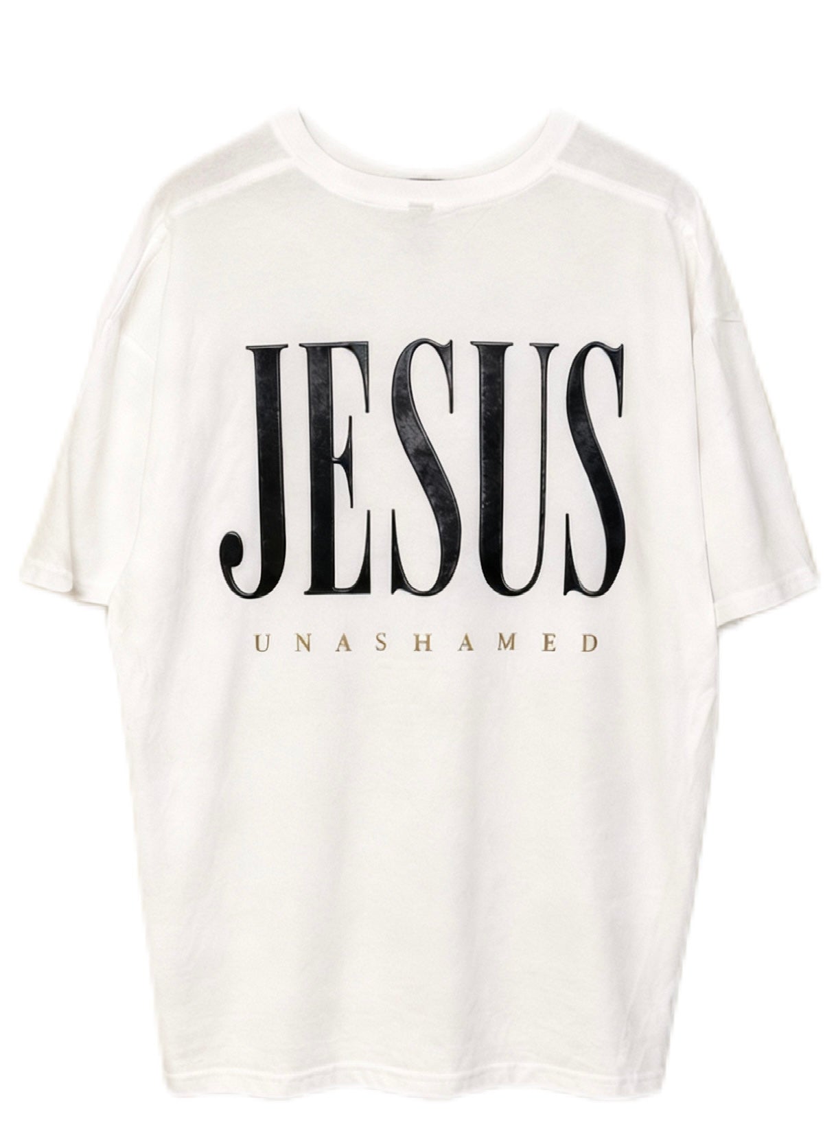 Back view of white AS Colour Heavy T Shirt with embossed black JESUS UNASHAMED full back design