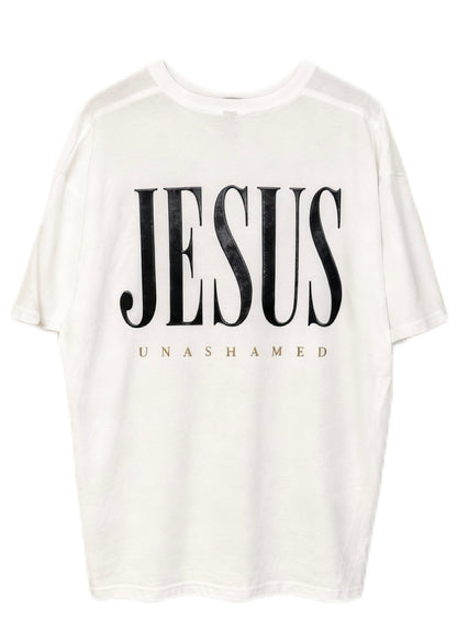 Back view of white AS Colour Heavy T Shirt with embossed black JESUS UNASHAMED full back design