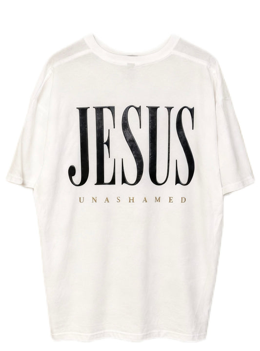 Back view of white AS Colour Heavy T Shirt with embossed black JESUS UNASHAMED full back design
