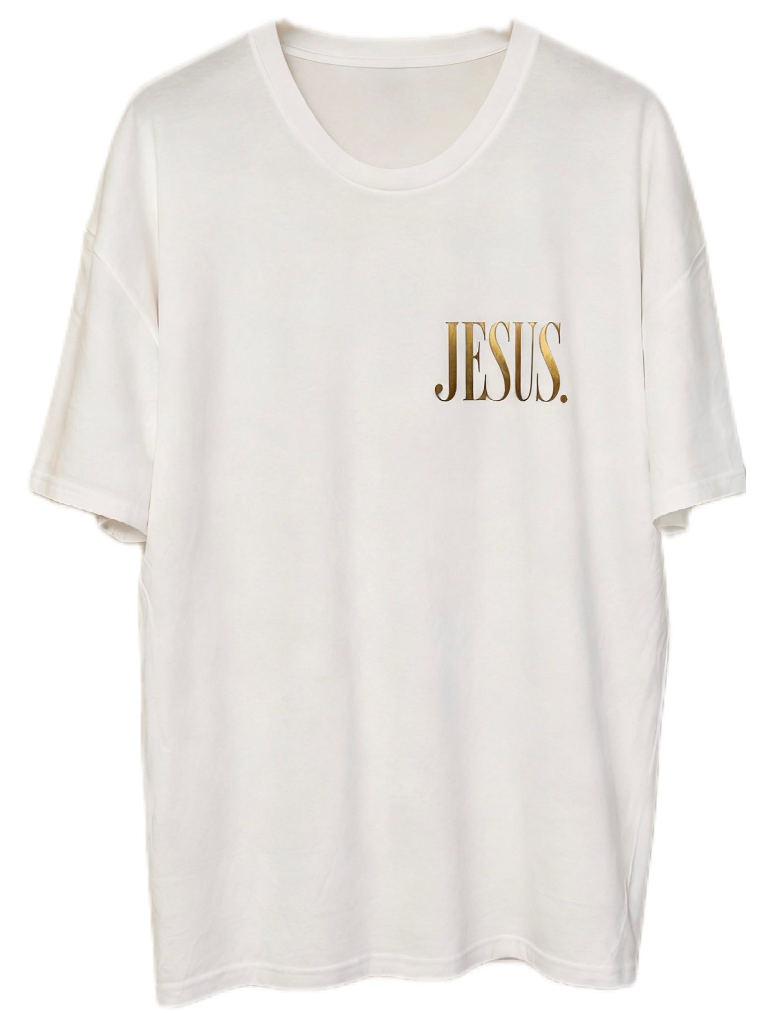 Front view of white AS Colour Heavy T Shirt with gold JESUS left chest print