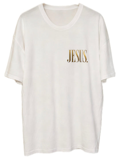 Front view of white AS Colour Heavy T Shirt with gold JESUS left chest print