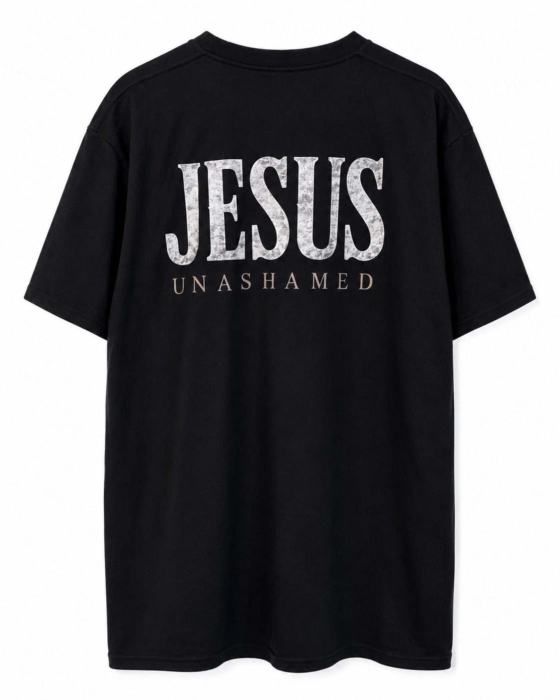 Back view of black AS Colour Heavy T Shirt with stonewashed JESUS UNASHAMED full back design on white background
