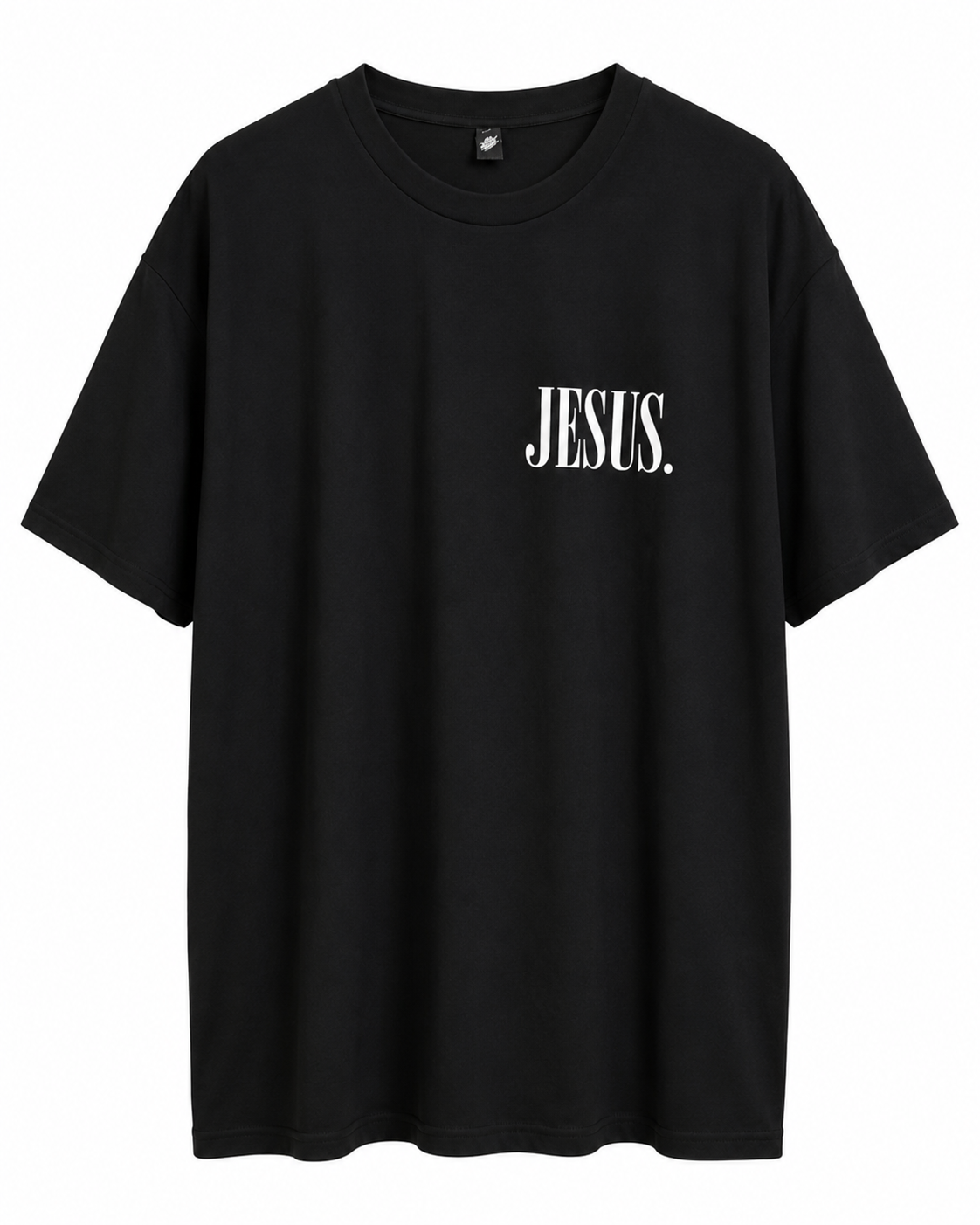 Front view of black AS Colour Heavy T Shirt with white JESUS left chest print on white background