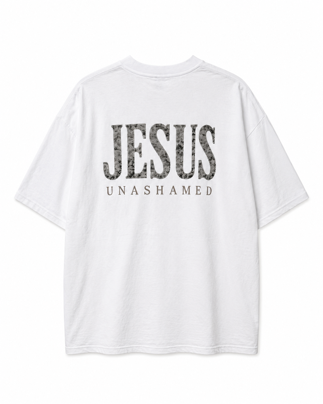 Back view of white AS Colour Heavy T Shirt with stonewashed JESUS UNASHAMED full back design on white background