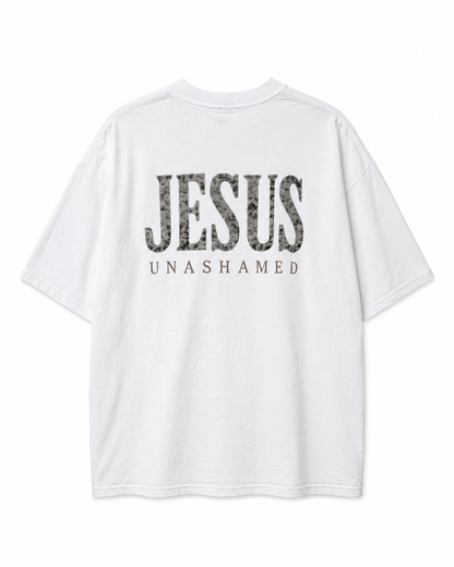 Back view of white AS Colour Heavy T Shirt with stonewashed JESUS UNASHAMED full back design on white background