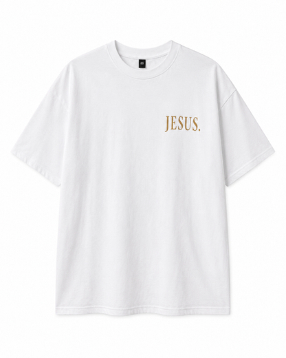 Front view of white AS Colour Heavy T Shirt with gold JESUS left chest print on white background