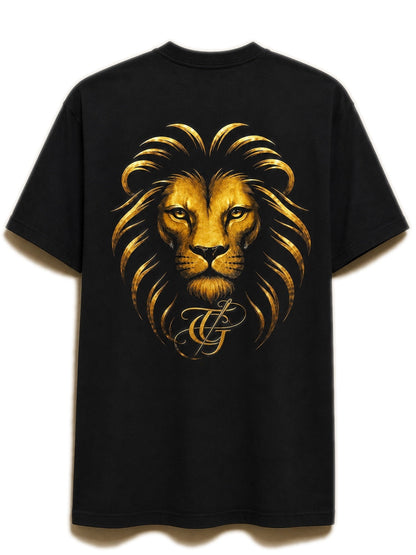 ROAR black T-shirt back with antique gold lion artwork on white background