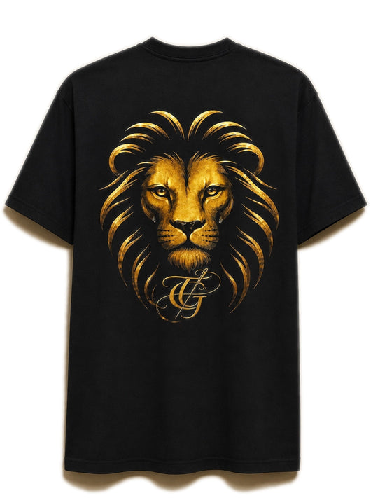 ROAR black T-shirt back with antique gold lion artwork on white background