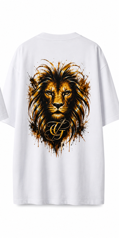 ROAR white T-shirt back with antique gold and black lion artwork