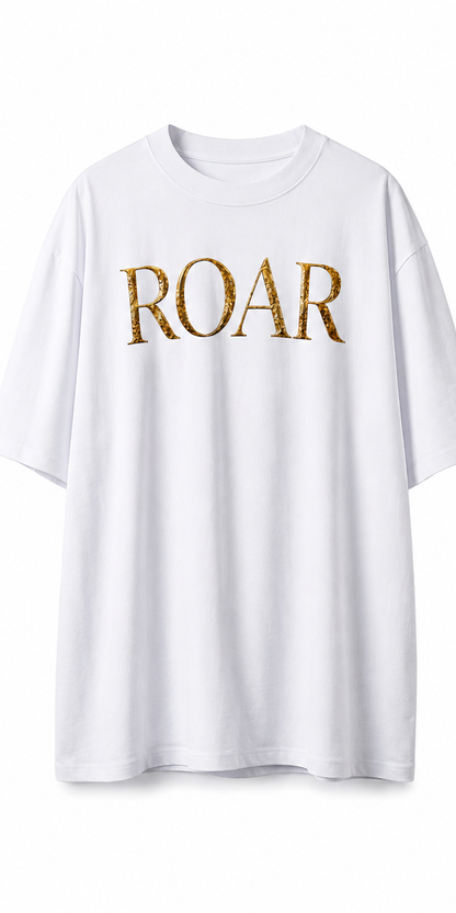 ROAR white T-shirt front with antique gold lettering